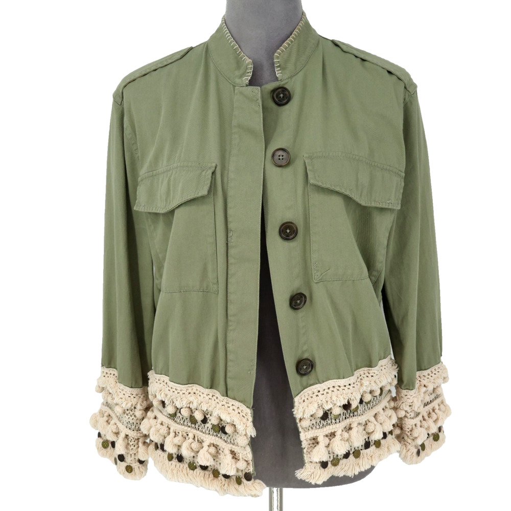 Zara Woman Jacket Womens Medium Green Cotton Twill Crochet Trim Pom Pom Military